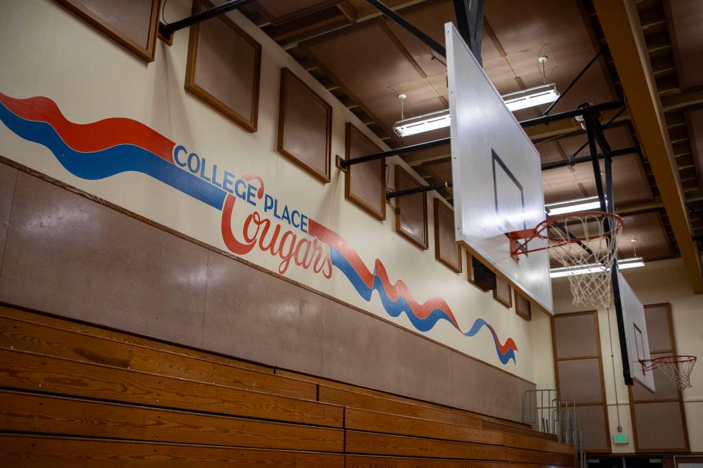 The gym inside College Place Middle School in Lynnwood, Washington, on Thursday, Feb. 1, 2023. If approved, a capital bond measure on the February ballot would allow the school district to rebuild both College Place Elementary and Middle. (Annie Barker / The Herald)