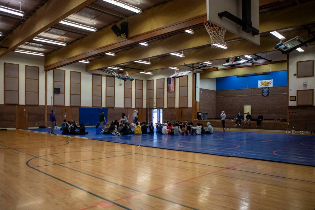 The gym inside College Place Middle School in Lynnwood, Washington, on Thursday, Feb. 1, 2023. If approved, a capital bond measure on the February ballot would allow the school district to rebuild both College Place Elementary and Middle. (Annie Barker / The Herald)