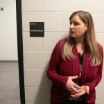Danielle Singson, domestic violence prevention coordinator for the Mountlake Terrace Police Department, stands outside a standard interview room at the Mountlake Terrace Police Department on Tuesday, Jan. 30, 2024, in Mountlake Terrace, Washington. (Ryan Berry / The Herald)