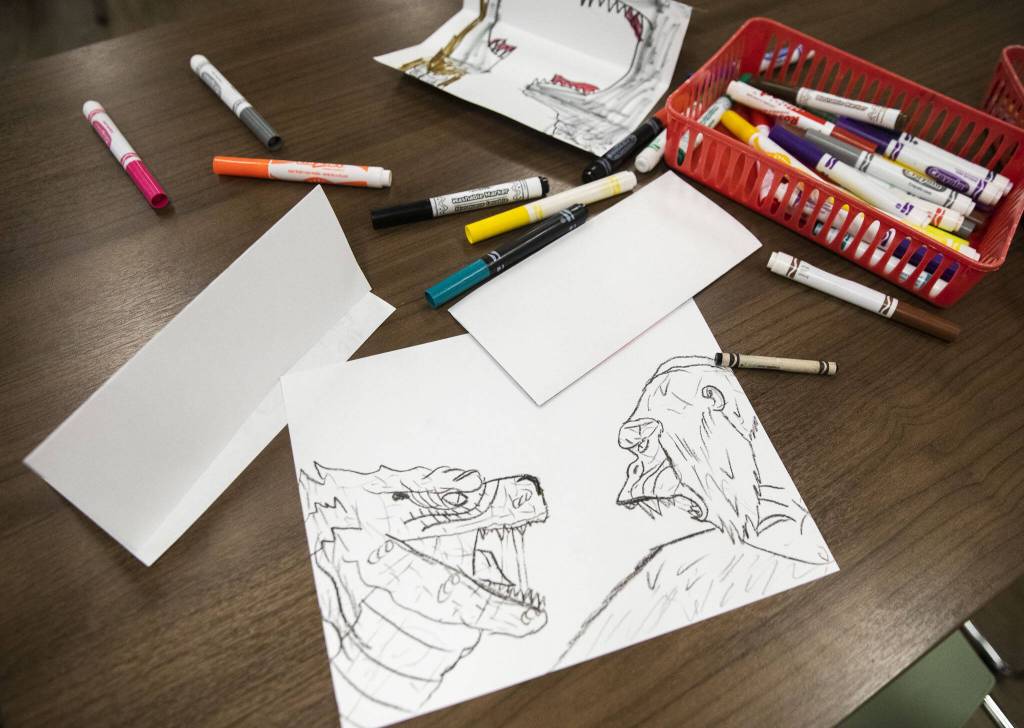 A drawing of Godzilla and King Kong on Monday, Jan. 29, 2024 in Everett, Washington. (Olivia Vanni / The Herald)