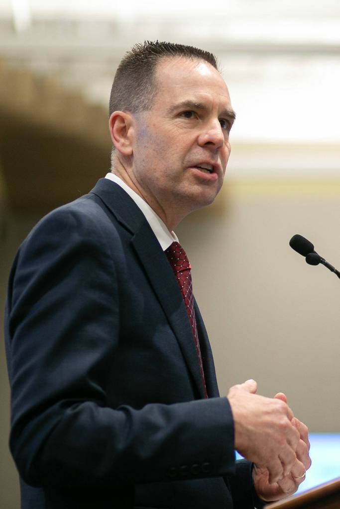 Marysville Mayor Jon Nehring gives the state of the city address at the Marysville Civic Center on Wednesday, Jan. 31, 2024, in Marysville, Washington. (Ryan Berry / The Herald)