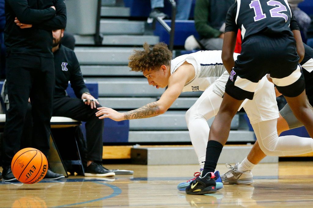 Glacier Peaks Isaiah Cuellar chases down a loose ball before taking it to the bucket for two points against Kamiak during a 4A boys basketball game on Thursday, Feb. 1, 2024, at Glacier Peak High School in Snohomish, Washington. (Ryan Berry / The Herald)