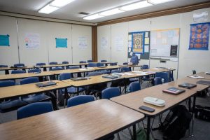 A classroom with folding walls inside College Place Middle School in Lynnwood, Washington, on Thursday, Feb. 1, 2023. Noise transfers easily between rooms. If approved, a capital bond measure on the February ballot would allow the school district to rebuild both College Place Elementary and Middle. (Annie Barker / The Herald)