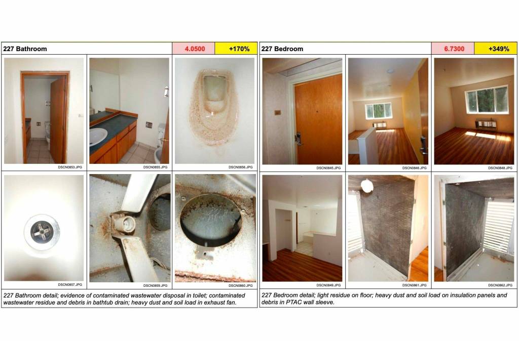 Photos of the Edmonds site after decontamination efforts show dirty toilets, drains and floors, from an Abatement and Contamination Specialists report published July 2023. (Courtesy of Snohomish County)