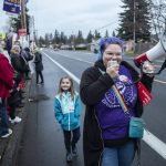 Amber Buehler leads chants during a rally outside of the Marysville School Board on Monday, Feb. 5, 2024 in Marysville, Washington. (Olivia Vanni / The Herald)