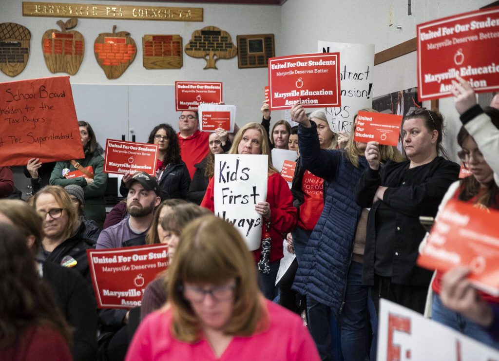 People fill the board room for public comment during a Marysville School Board meeting on Monday, Feb. 5, 2024 in Marysville, Washington. (Olivia Vanni / The Herald)