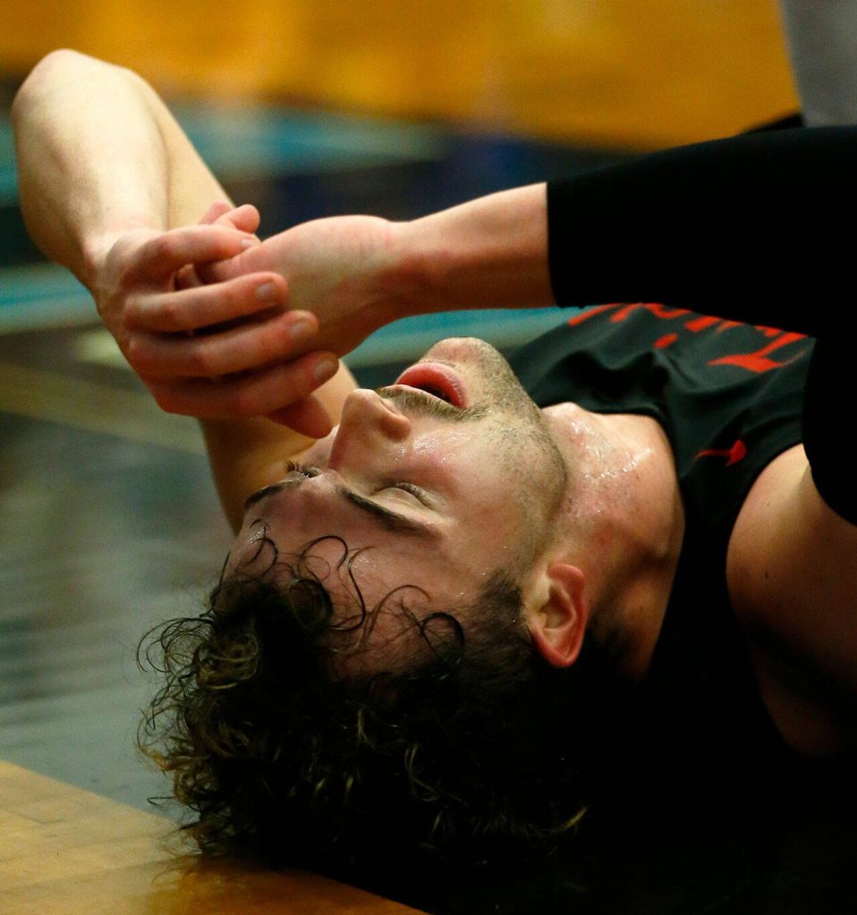 Everett Community Colleges Derek Smith shows some frustration after getting called for a blocking foul against Edmonds College on Wednesday, Feb. 7, 2024, at Seaview Gym in Lynnwood, Washington. (Ryan Berry / The Herald)