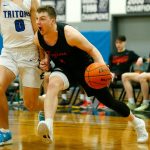 Everett Community Colleges Ethan Martin drives down the baseline against Edmonds College on Wednesday, Feb. 7, 2024, at Seaview Gym in Lynnwood, Washington. (Ryan Berry / The Herald)