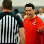 Everett Community College head coach Daniel Thompson talks to a referee about a foul called during a game against Edmonds College on Wednesday, Feb. 7, 2024, at Seaview Gym in Lynnwood, Washington. (Ryan Berry / The Herald)