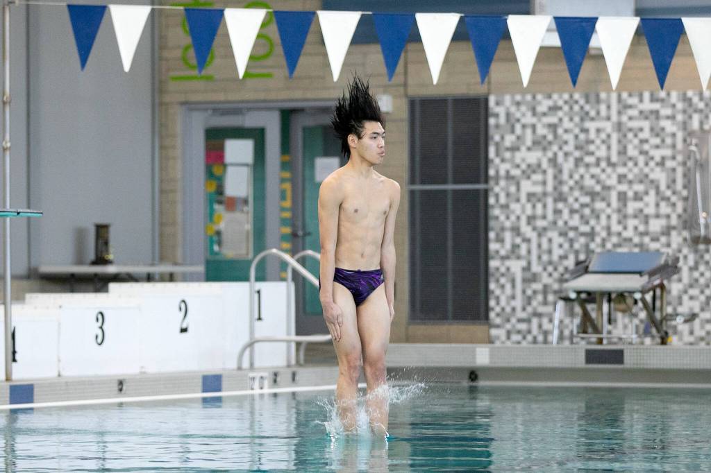Kamiak junior Aaron Vu competes in diving during the Class 4A District 1 swim and dive championships Saturday at the Snohomish Aquatic Center in Snohomish. (Ryan Berry / The Herald)