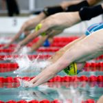 Swimmers dive in for the 50 yard freestyle final during the Class 3A District 1 swim and dive meet Saturday at the Snohomish Aquatic Center in Snohomish. (Ryan Berry / The Herald)