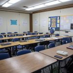 A classroom with folding walls inside College Place Middle School in Lynnwood, Washington, on Thursday, Feb. 1, 2023. Noise transfers easily between rooms. If approved, a capital bond measure on the February ballot would allow the school district to rebuild both College Place Elementary and Middle. (Annie Barker / The Herald)