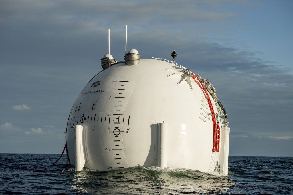 Ocean-2, a prototype for a renewable energy capture buoy made by Panthalassa, is vertical while operating. (Photo provided by Panthalassa)