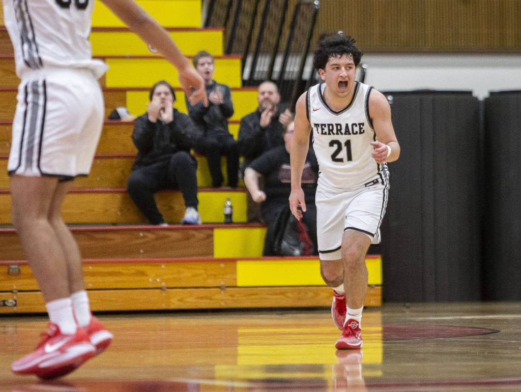Mountlake Terraces Logan Tews reacts to making a shot during the game against Shorecrest on Tuesday in Marysville. (Olivia Vanni / The Herald)