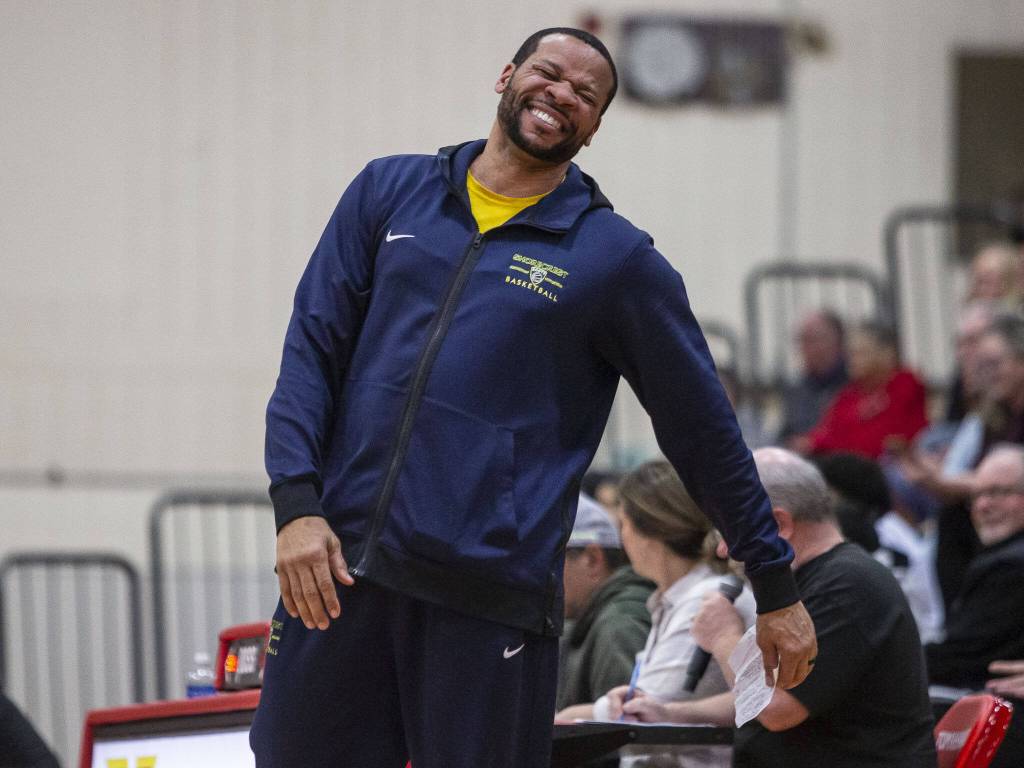 Shorecrest head coach Eddie George reacts to a foul called on one of his players during the game against Mountlake Terrace on Tuesday, Feb. 13, 2024 in Marysville, Washington. (Olivia Vanni / The Herald)