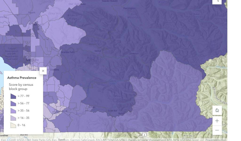 In the <a href="https://experience.arcgis.com/experience/1867a3e503e14b509425000c88678029/page/CVT-App/" target="_blank">Climate Vulnerability Tool</a>, residents can see which communities have high rates of asthma. (Provided by Snohomish County)