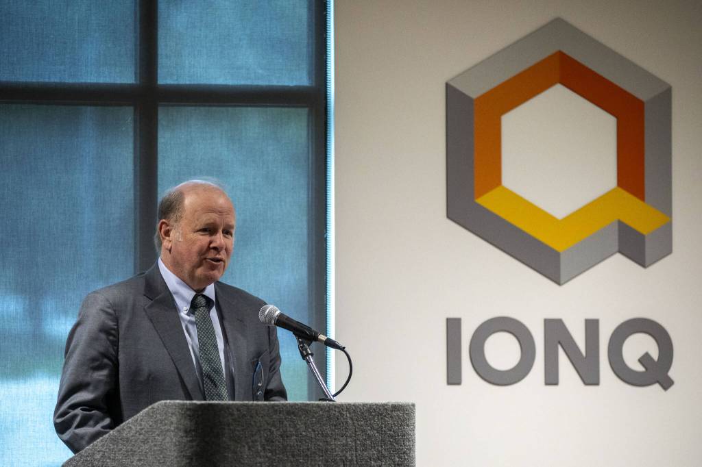 IonQ CEO Peter Chapman speaks during an IonQ ribbon cutting event at their research and manufacturing facility on Thursday, Feb. 15, 2024 in Bothell, Washington. (Annie Barker / The Herald)