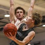 Glacier Peaks Reed Nagel (11) shoots the ball during a boys Class 4A bi-district title game between Glacier Peak and Mount Si at North Creek High School on Friday, Feb. 16, 2024 in Bothell, Washington. The Wildcats won, 59-53.(Annie Barker / The Herald)