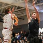 Glacier Peaks Reed Nagel (11) shoots the ball during a boys Class 4A bi-district title game between Glacier Peak and Mount Si at North Creek High School on Friday, Feb. 16, 2024 in Bothell, Washington. The Wildcats won, 59-53.(Annie Barker / The Herald)