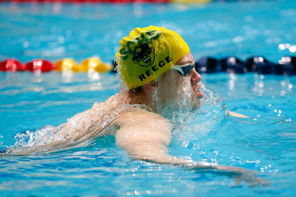 Shorecrest junior Ian Reece swims the breaststroke in the 200 yard individual medley final during the WIAA 3A Boys Swim and Dive Championships on Saturday, Feb. 17, 2024, at the Weyerhaeuser King County Aquatic Center in Federal Way, Washington. (Ryan Berry / The Herald)