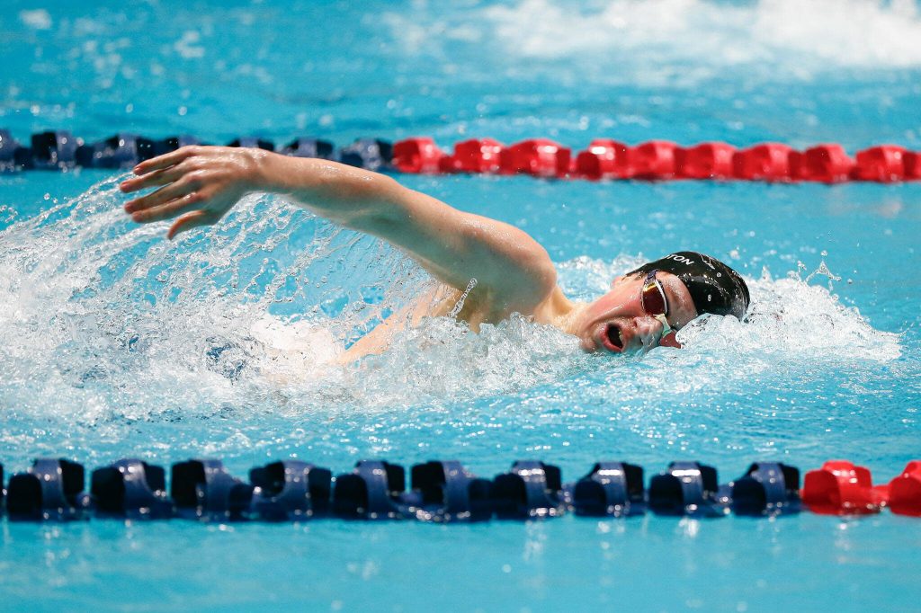 Snohomish junior Connor Colloton swims to a top-5 finish in the 500 yard freestyle final during the WIAA 3A Boys Swim and Dive Championships on Saturday, Feb. 17, 2024, at the Weyerhaeuser King County Aquatic Center in Federal Way, Washington. (Ryan Berry / The Herald)