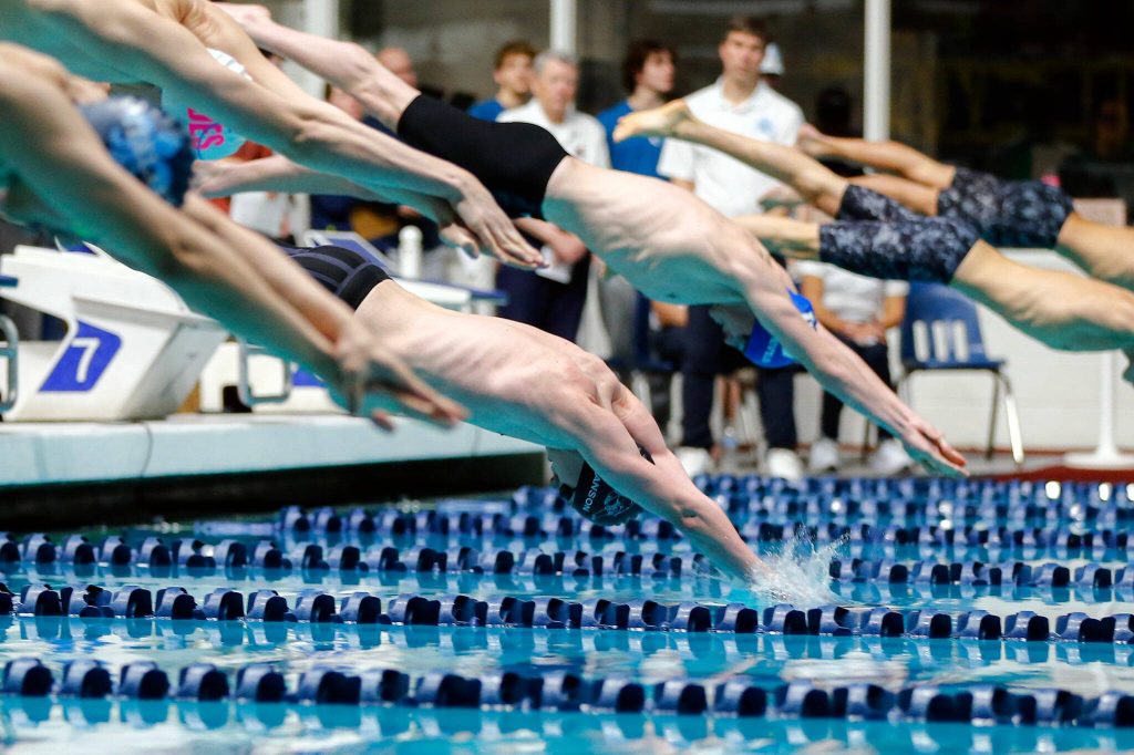 Snohomish junior Torsten Hokanson is the first to hit the water as swimmers dive in for the 100 yard freestyle final during the WIAA 3A Boys Swim and Dive Championships on Saturday, Feb. 17, 2024, at the Weyerhaeuser King County Aquatic Center in Federal Way, Washington. (Ryan Berry / The Herald)