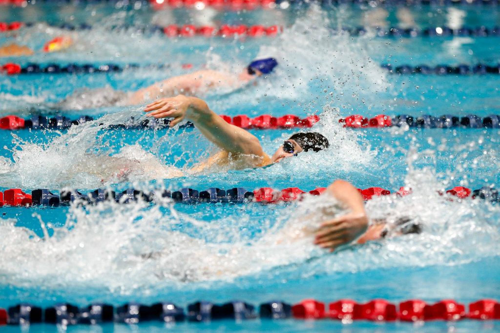 Lake Stevens sophomore Samuel Lamb swims neck-and-neck with the competition in the 100 yard freestyle consolation during the WIAA 4A Boys Swim and Dive Championships on Saturday, Feb. 17, 2024, at the Weyerhaeuser King County Aquatic Center in Federal Way, Washington. (Ryan Berry / The Herald)