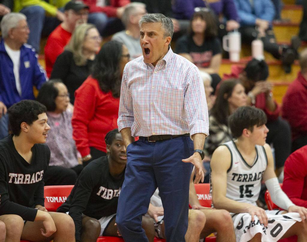 Mountlake Terrace head coach Nalin Sood yells at the referees during the 3A boys district championship game against Arlington on Saturday, Feb. 17, 2024 in Marysville, Washington. (Olivia Vanni / The Herald)