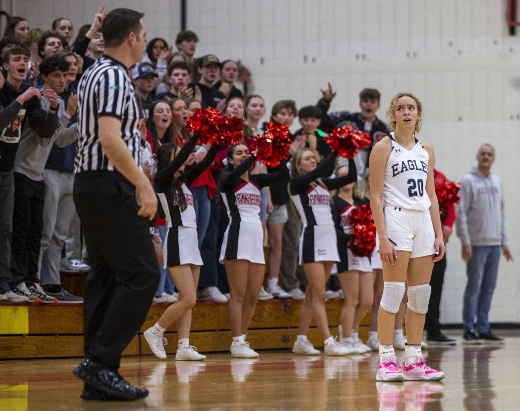 Arlingtons Samara Morrow reacts to the referee calling a foul on her during the 3A girls district championship game against Snohomish on Saturday, Feb. 17, 2024 in Marysville, Washington. (Olivia Vanni / The Herald)