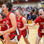 Snohomish players reacts to winning the 3A girls district championship on Saturday, Feb. 17, 2024 in Marysville, Washington. (Olivia Vanni / The Herald)