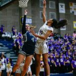 Lake Stevens freshman Noelani Tupua tries to score from the paint against Skyview during a playoff matchup at Arlington High School on Friday, Feb. 23, 2024, in Arlington, Washington. (Ryan Berry / The Herald)
