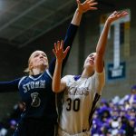 Lake Stevens Kendel Kuhl scores from in close against Skyview during a playoff matchup at Arlington High School on Friday, Feb. 23, 2024, in Arlington, Washington. (Ryan Berry / The Herald)