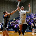 Lake Stevens sophomore guard Keira Tupua shoots a floater against Skyview during a playoff matchup at Arlington High School on Friday, Feb. 23, 2024, in Arlington, Washington. (Ryan Berry / The Herald)