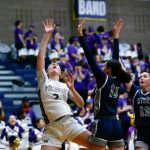 Lake Stevens Griffyn Eyman puts up an off balance shot against Skyview during a playoff matchup at Arlington High School on Friday, Feb. 23, 2024, in Arlington, Washington. (Ryan Berry / The Herald)