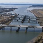 The I-5, Highway 529 and the BNSF railroad bridges cross over Union Slough as the main roadways for north and southbound traffic between Everett and Marysville. (Olivia Vanni / The Herald)