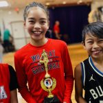 (From left to right) Ellie Matisin, Helaina Soterakopoulos and Max Soterakopoulos pose with their championships trophies after winning their divisions of the Washington State Elks Association Hoop Shoot free throw competition.  (Photo courtesy of Jayne Soterakopoulos)