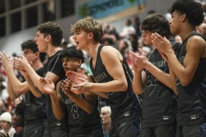 Glacier Peak players cheer during a boys Class 4A bi-district title game between Glacier Peak and Mount Si at North Creek High School on Friday, Feb. 16, 2024 in Bothell, Washington. The Wildcats won, 59-53.(Annie Barker / The Herald)