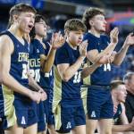 The Arlington cheers on their teammates during the 3A boys state basketball game against Garfield on Wednesday, Feb. 28, 2024 in Tacoma, Washington. (Olivia Vanni / The Herald)