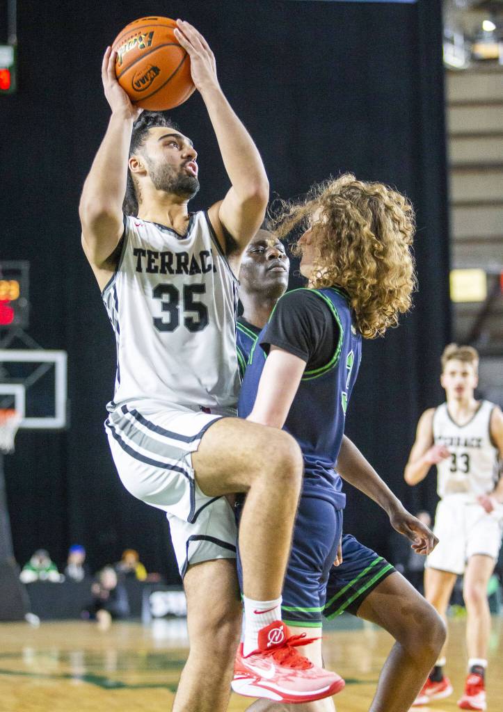 Mountlake Terraces Svayjeet Singh attempts a layup during the 3A boys state basketball game against Todd Beamer on Wednesday, Feb. 28, 2024 in Tacoma, Washington. (Olivia Vanni / The Herald)