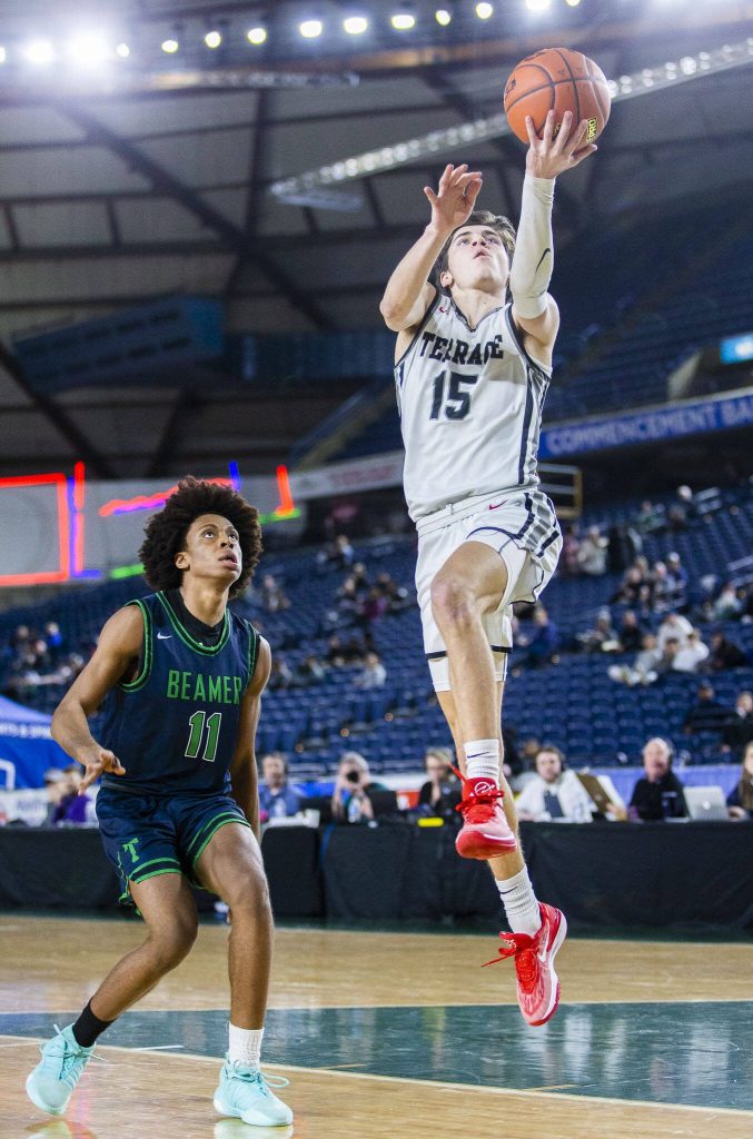 Mountlake Terraces Jaxon Dubiel makes a layup during the 3A boys state basketball game against Todd Beamer on Wednesday, Feb. 28, 2024 in Tacoma, Washington. (Olivia Vanni / The Herald)