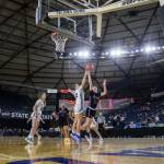 Lake Stevens Kamryn Wenz attempts a layup during the 4A girls state basketball game against Gonzaga Prep on Wednesday, Feb. 28, 2024 in Tacoma, Washington. (Olivia Vanni / The Herald)