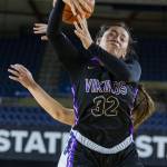 Lake Stevens Keira Tupua get the ball knocked out of her hands during the 4A girls state basketball game against Gonzaga Prep on Wednesday, Feb. 28, 2024 in Tacoma, Washington. (Olivia Vanni / The Herald)