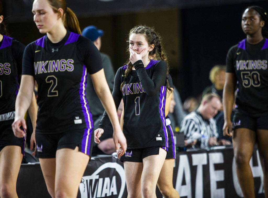 Lake Stevens Emerson Williams reacts to losing to Gonzaga Prep in the 4A girls state basketball tournament on Wednesday, Feb. 28, 2024 in Tacoma, Washington. (Olivia Vanni / The Herald)