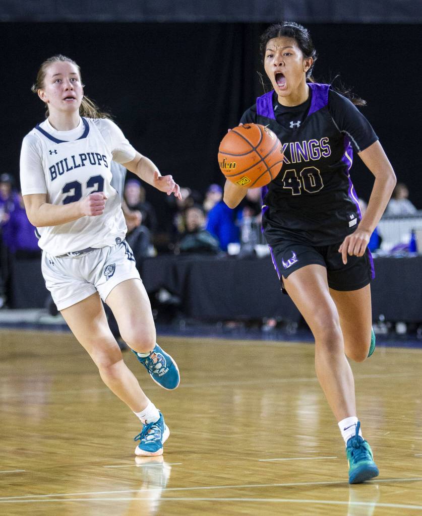 Lake Stevens Noelani Tupua calls out a play during the 4A girls state basketball game against Gonzaga Prep on Wednesday, Feb. 28, 2024 in Tacoma, Washington. (Olivia Vanni / The Herald)