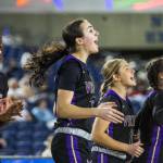 Lake Stevens players react to a three point shot during the 4A girls state basketball game against Gonzaga Prep on Wednesday, Feb. 28, 2024 in Tacoma, Washington. (Olivia Vanni / The Herald)