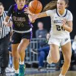 Lake Stevens Noelani Tupua runs after the ball during the 4A girls state basketball game against Gonzaga Prep on Wednesday, Feb. 28, 2024 in Tacoma, Washington. (Olivia Vanni / The Herald)