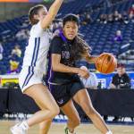 Lake Stevens Noelani Tupua takes the ball down the court during the 4A girls state basketball game against Gonzaga Prep on Wednesday, Feb. 28, 2024 in Tacoma, Washington. (Olivia Vanni / The Herald)