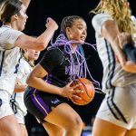 Lake Stevens’ Nisa Ellis looks for an open teammate to pass to during the 4A girls state basketball game against Gonzaga Prep on Wednesday, Feb. 28, 2024 in Tacoma, Washington. (Olivia Vanni / The Herald)