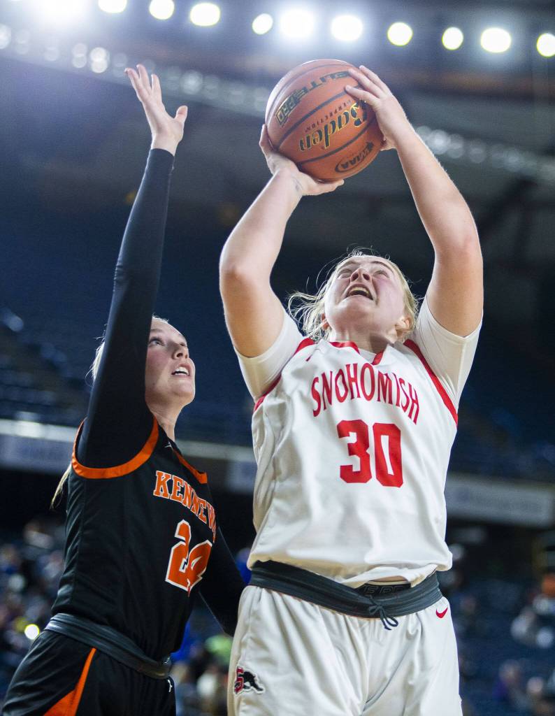 Snohomishs Catherine Greene attempts a layup during the 3A girls state basketball game against Kennewick on Wednesday, Feb. 28, 2024 in Tacoma, Washington. (Olivia Vanni / The Herald)