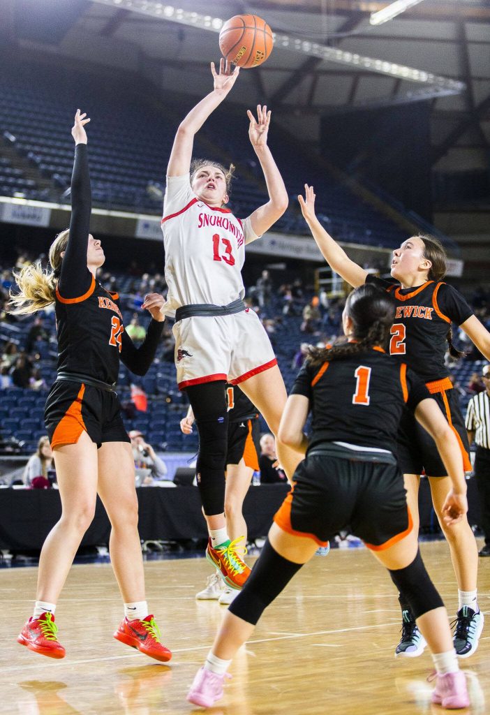 Snohomishs Sienna Capelli attempts a jump shot during the 3A girls state basketball game against Kennewick on Wednesday, Feb. 28, 2024 in Tacoma, Washington. (Olivia Vanni / The Herald)